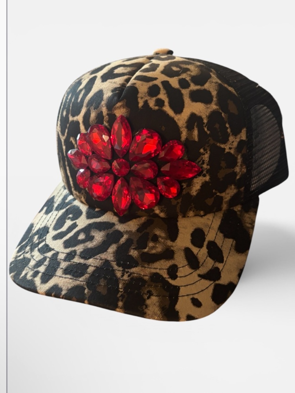 Leopard Print Mesh Trucker Cap with Red Gem Statement Flower